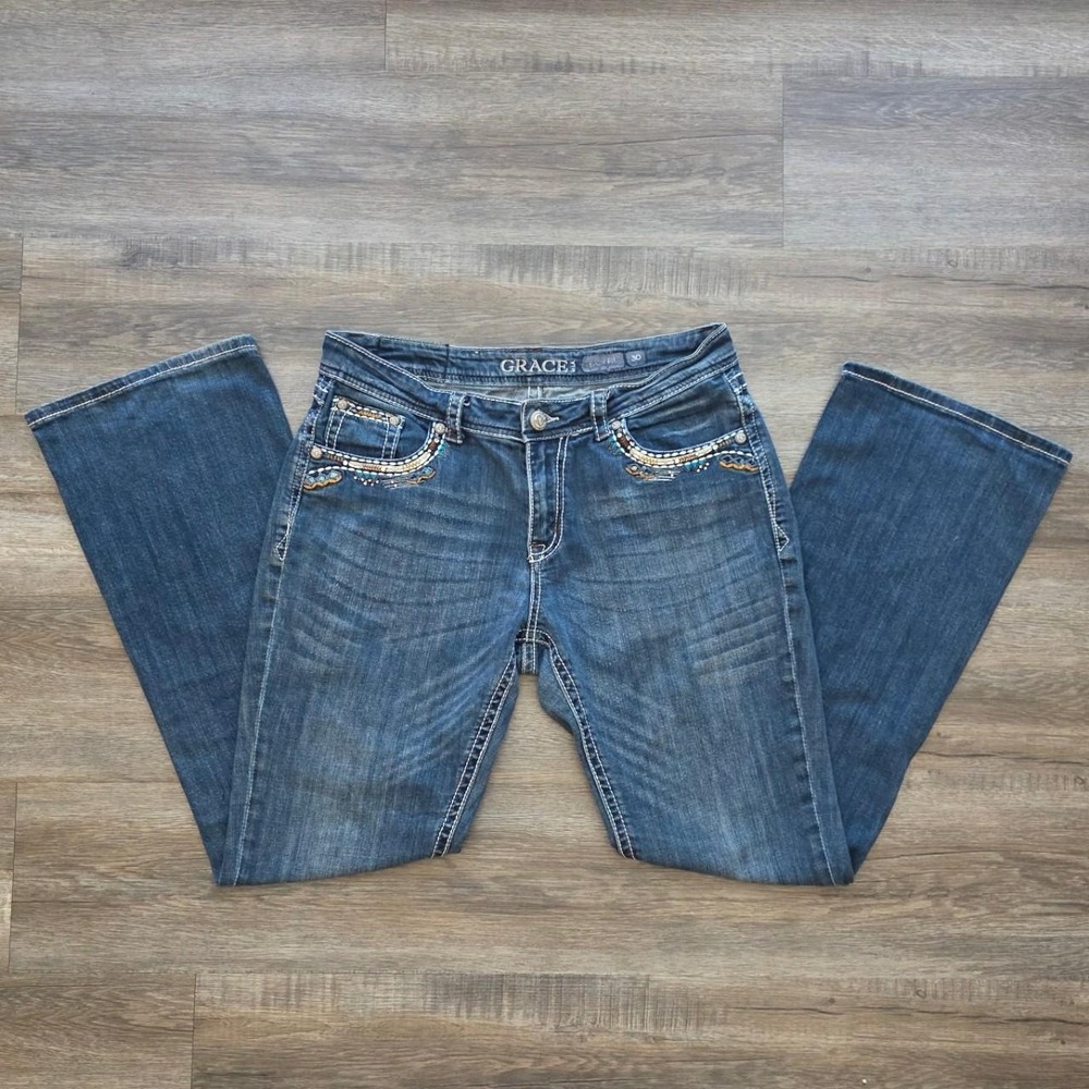 Grace in LA Embellished Y2K Western Bootcut Jeans Blue Size 10 30 Stretch